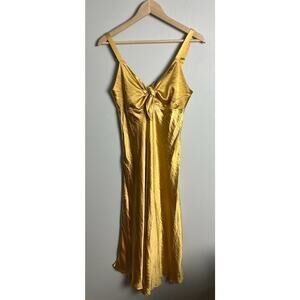 Here Comes the Sun Golden Yellow Satin Midi Dress with Tie Front Y2K Size Medium